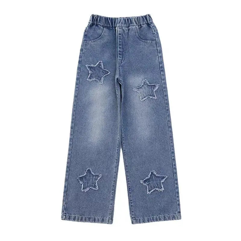 Kids’ Star Patch Wide-Leg Jeans – Elastic Waist, Comfy Street Style