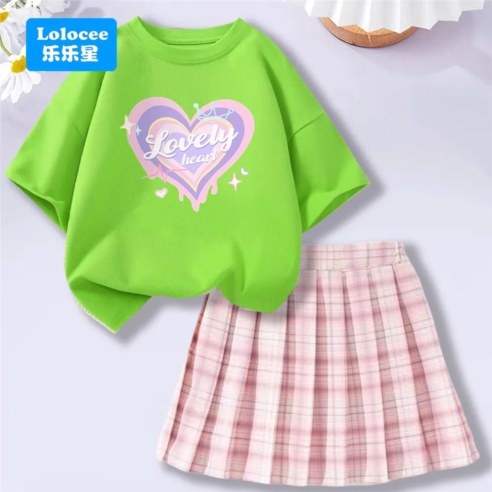 Girls’ T-Shirt & Plaid Skirt Set – 2 Piece Outfit