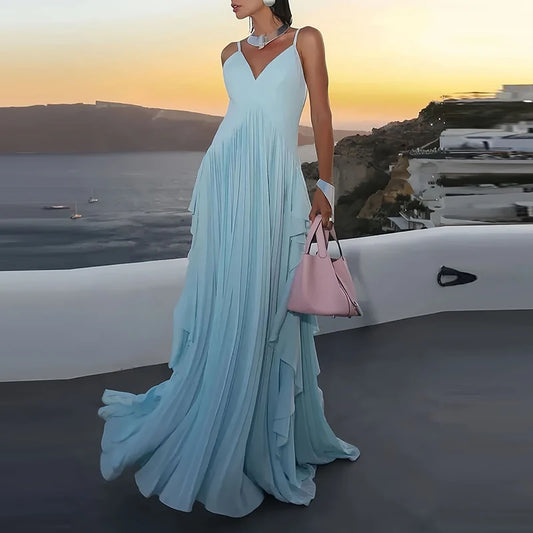 Sky Blue Ruffle Halter Evening Dress