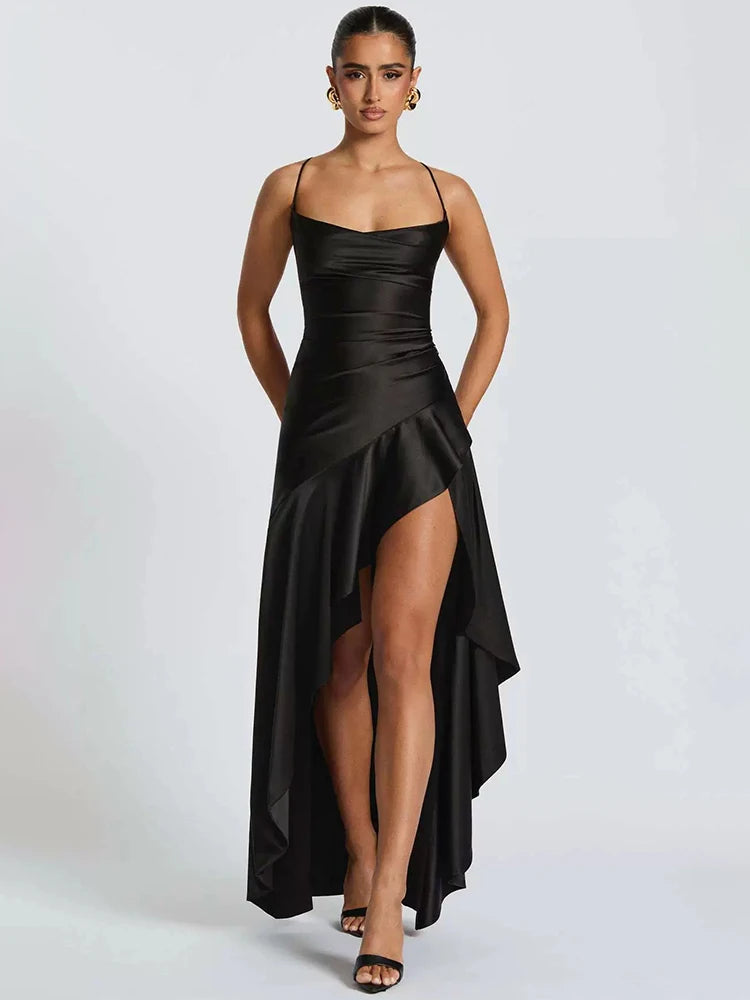 Women’s Satin Spaghetti Strap Maxi Dress – Ruffle Thigh Split, Backless
