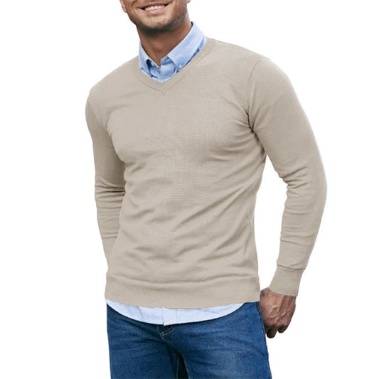Men’s V-Neck Knit Pullover Sweater – Lightweight Long Sleeve