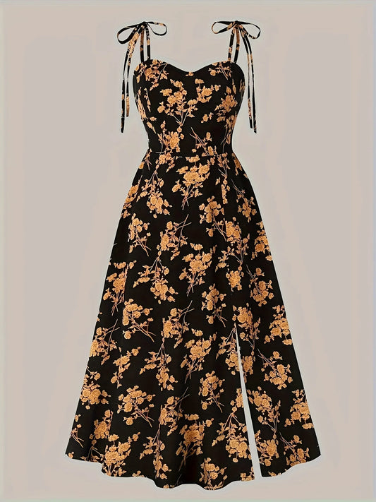Floral dress with gold flowers on a black background