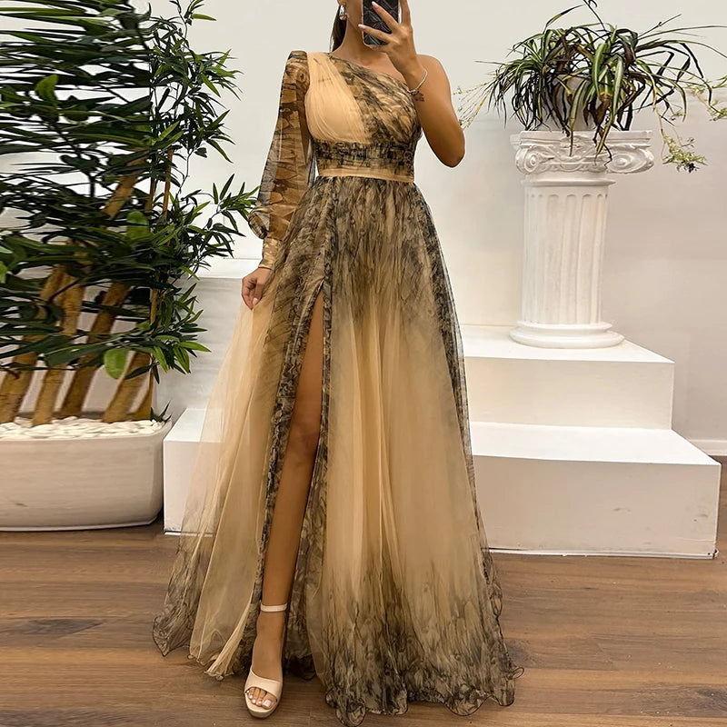 Women’s Asymmetrical One-Shoulder Evening Gown – High Waist, Mesh Overlay