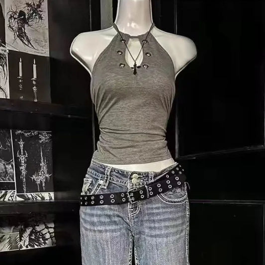 Y2K Ring-Halter Cami – Spicy Fit Knit Tank in Charcoal Gray