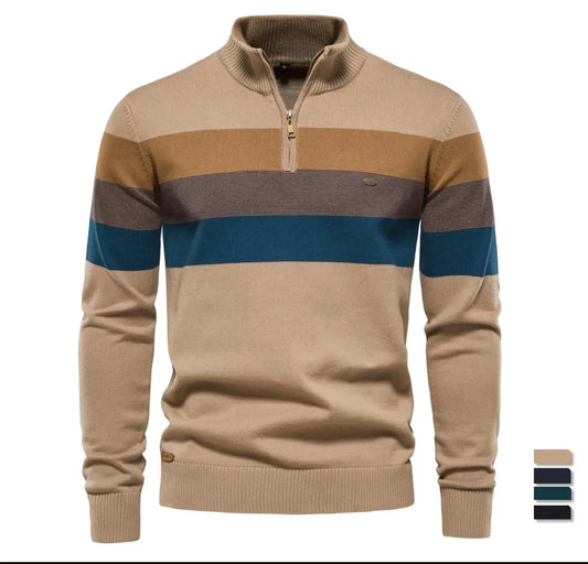 Beige and brown striped sweater with a zipper on a white background, featuring the brand 'AIOPESON'.