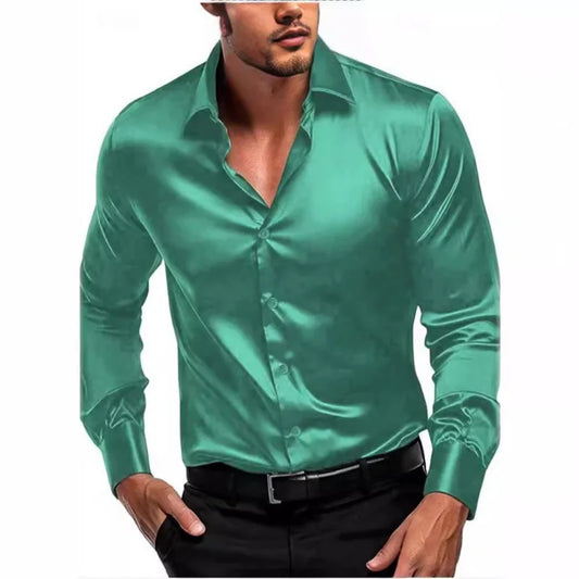Men’s Satin Long-Sleeve Dress Shirt – Silky Luxury Button-Up - The Dock Drop