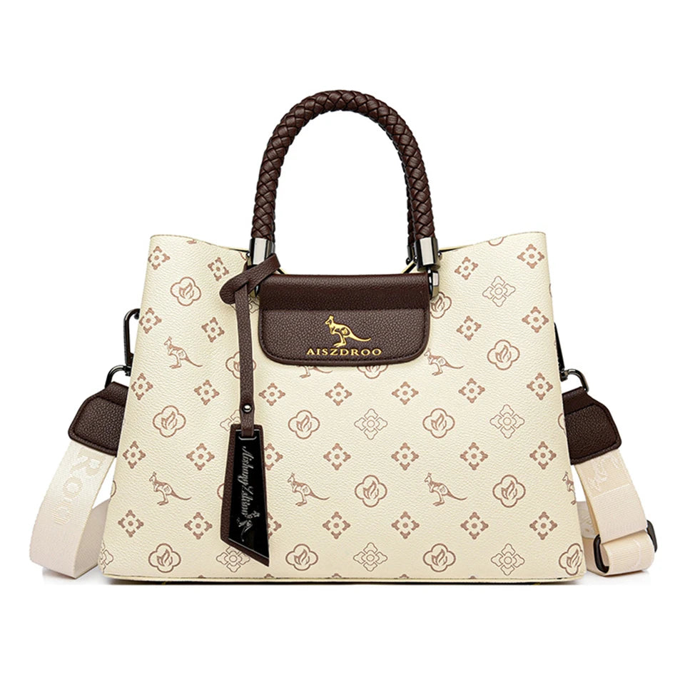 Elegant Pattern Tote – Kangaroo Brown Shoulder Handbag with Braided Handle
