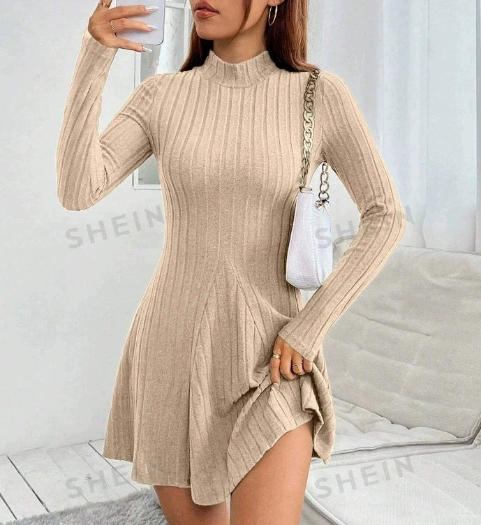 Women’s Ribbed A-Line Knit Mini Dress – Long Sleeve, Mock Neck, Slim Fit