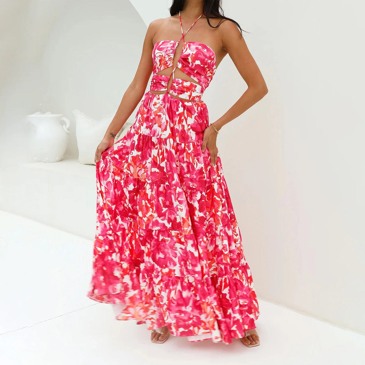 Floral Halter Backless Maxi Dress