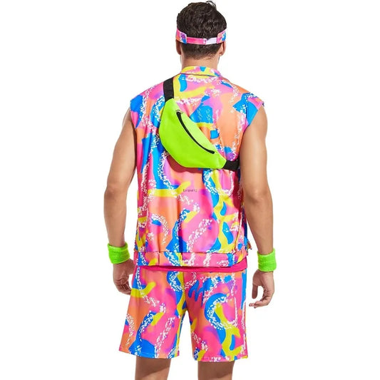 Men’s 80s Cruise Outfit Set – Neon Print Shirt & Shorts – Pink – L