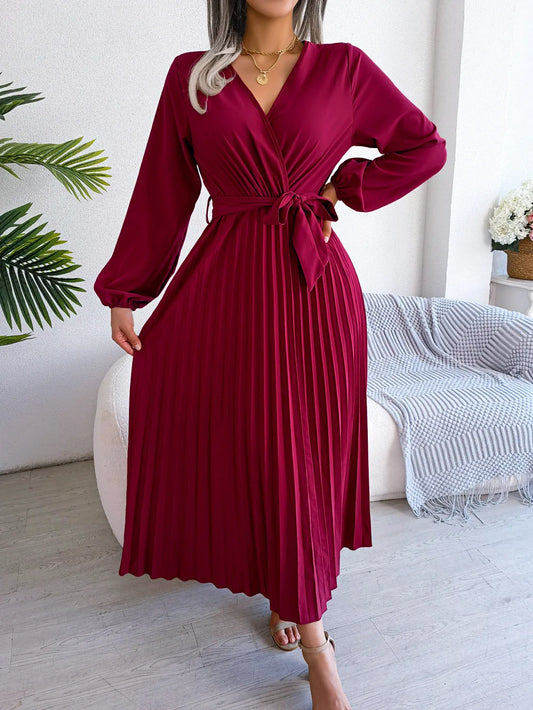 Women’s Pleated V-Neck Maxi Dress – Long Sleeve, Belted Waist