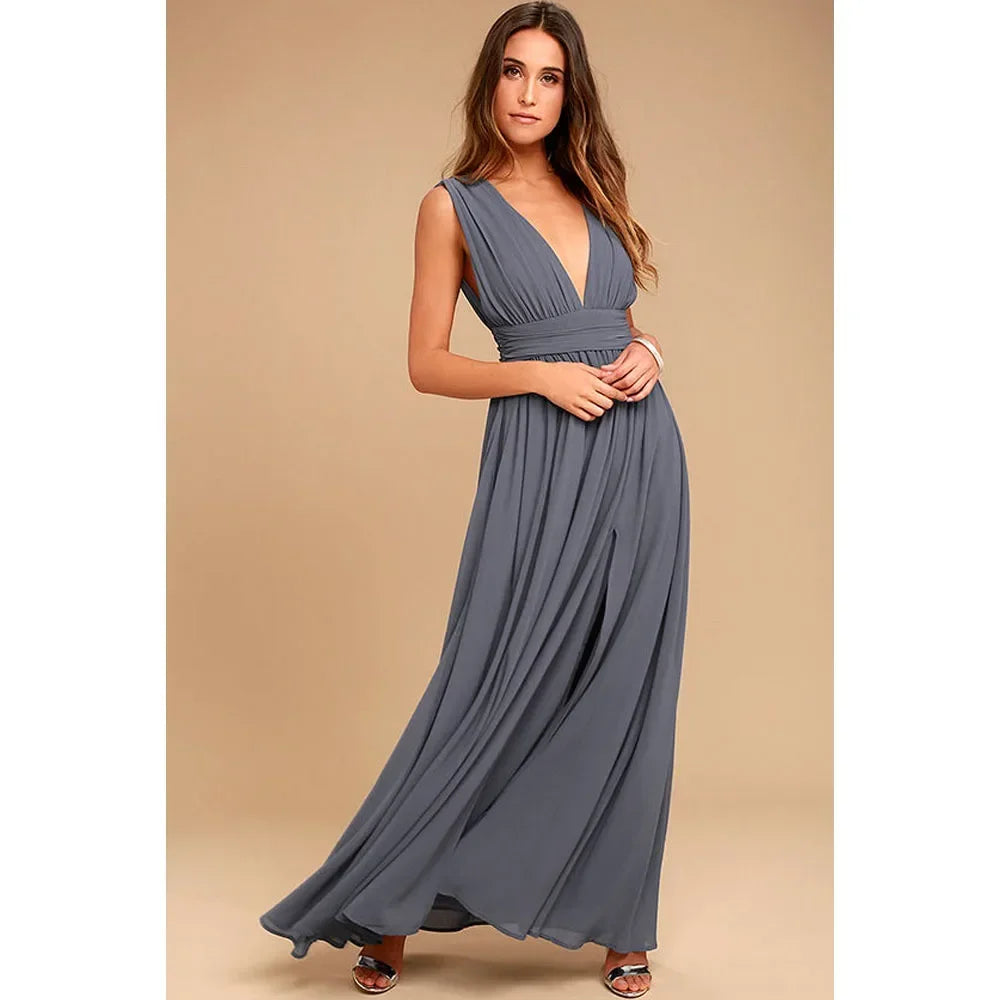 Backless Deep-V Chiffon Maxi Dress – Flowy Slit Evening Gown