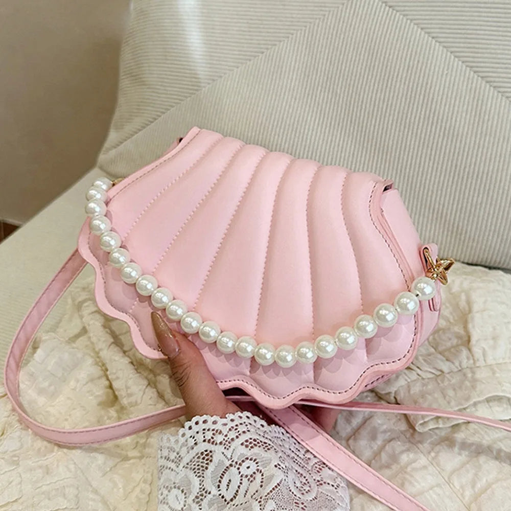 Shell-Shaped Crossbody Bag – Pearl Trim, Compact Chic
