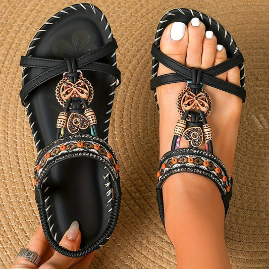 Women’s Boho Beaded Strap Sandals – Casual Summer Walking Shoes