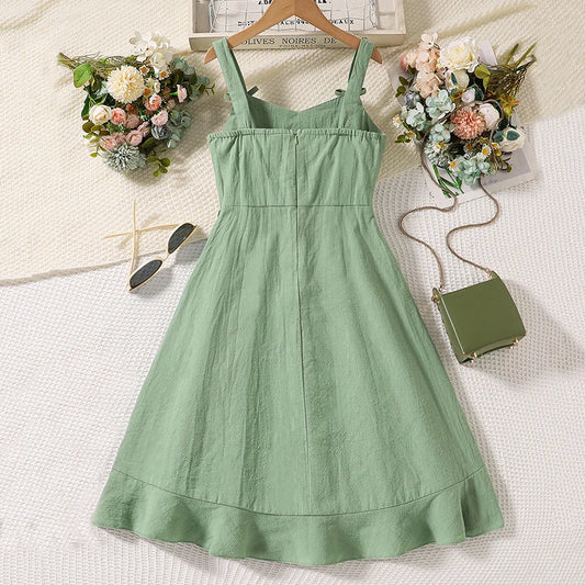 Girls’ Bow-Detail Summer Dress – Sleeveless, Asymmetrical Hem