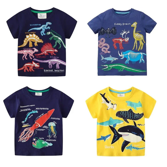 Four children's t-shirts with different animal-themed designs on a white background.