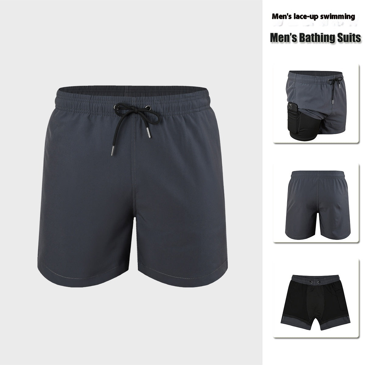 Men’s Double-Layer Anti-Embarrassment Swim Trunks with Side Pocket