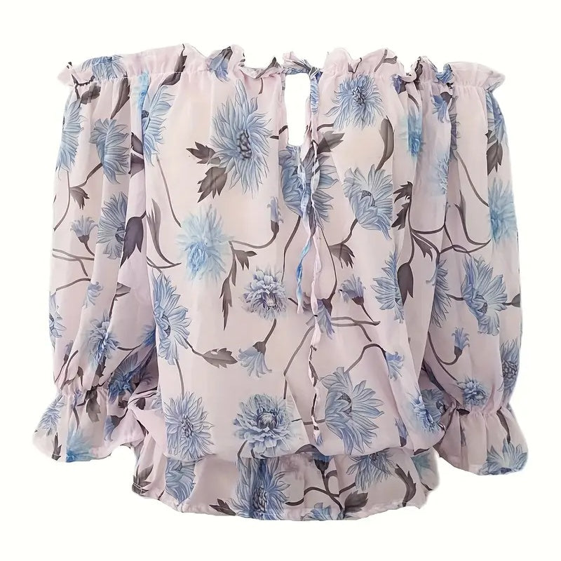 Women’s Floral Off-Shoulder Blouse — Ruffle Sleeve Chiffon Top - The Dock Drop