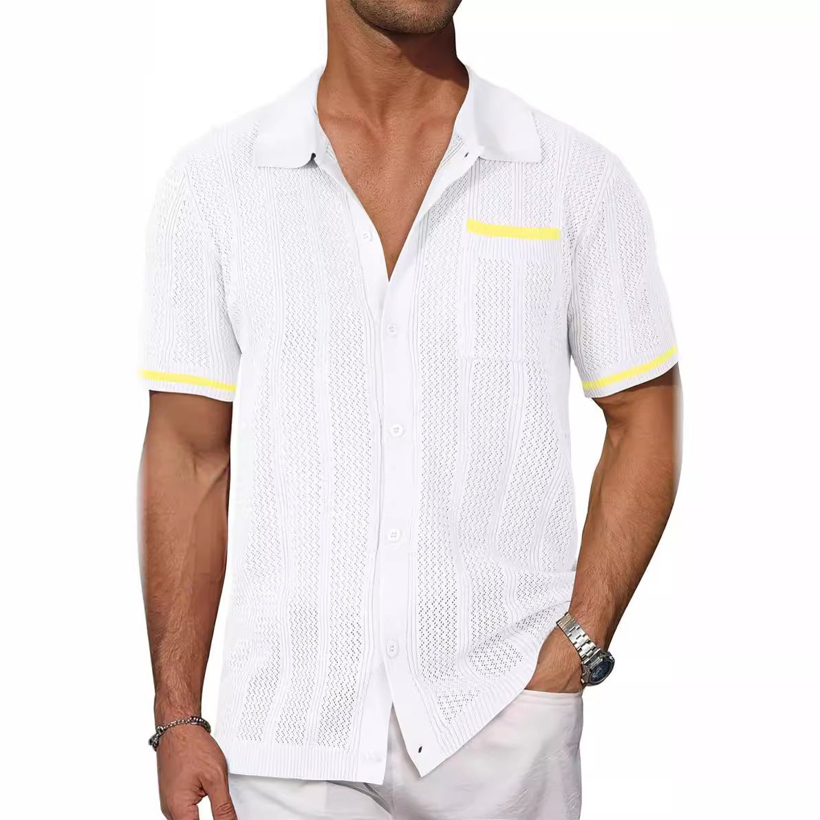 Coastline Breeze Shirt – Men’s Short-Sleeve Hollow Knit Button-Up - The Dock Drop