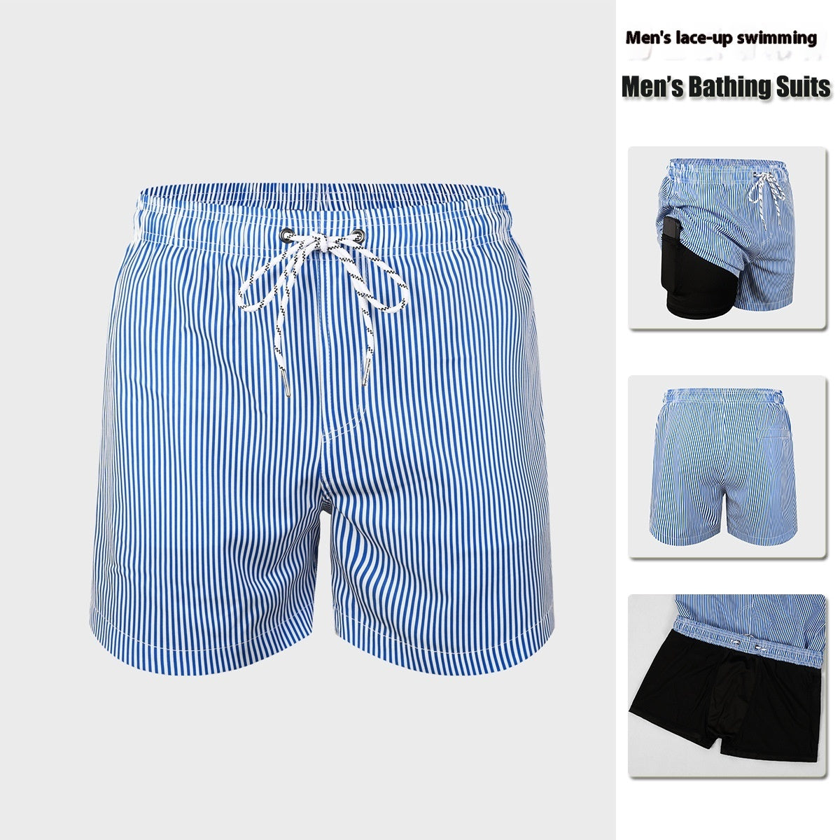 Men’s Double-Layer Anti-Embarrassment Swim Trunks with Side Pocket