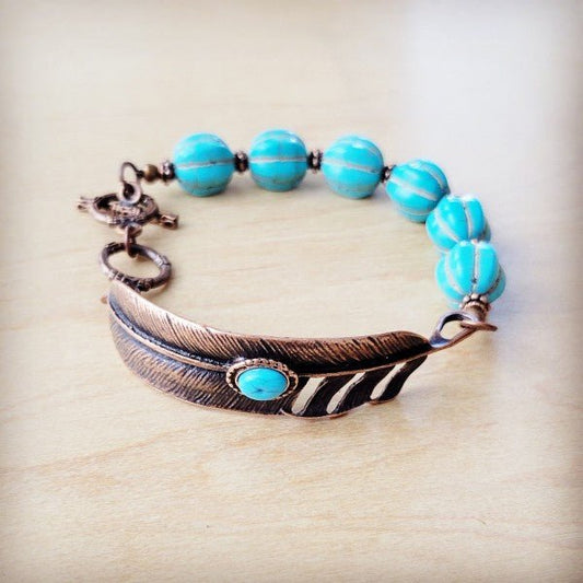 Blue Melon Turquoise Bracelet on Copper Feather
