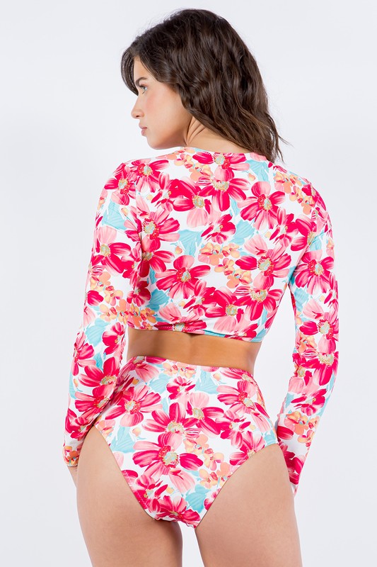 Two Piece Floral Print with Long Sleeve Bikini – Coral – M