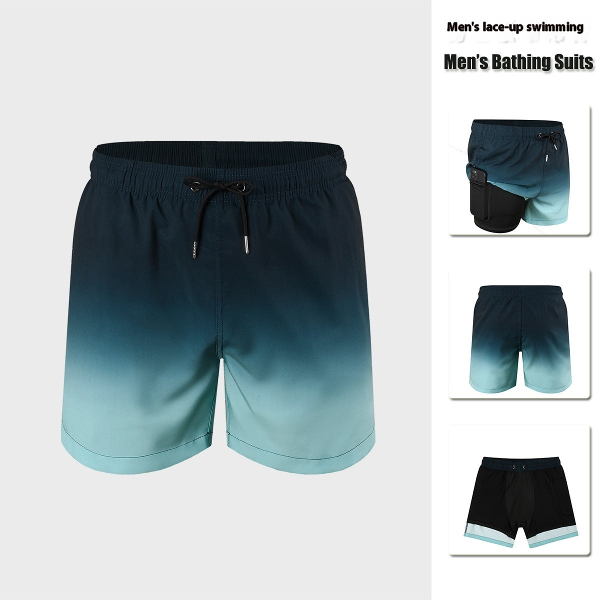 Men’s Double-Layer Anti-Embarrassment Swim Trunks with Side Pocket