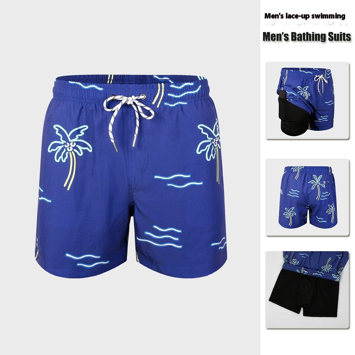 Men’s Double-Layer Anti-Embarrassment Swim Trunks with Side Pocket