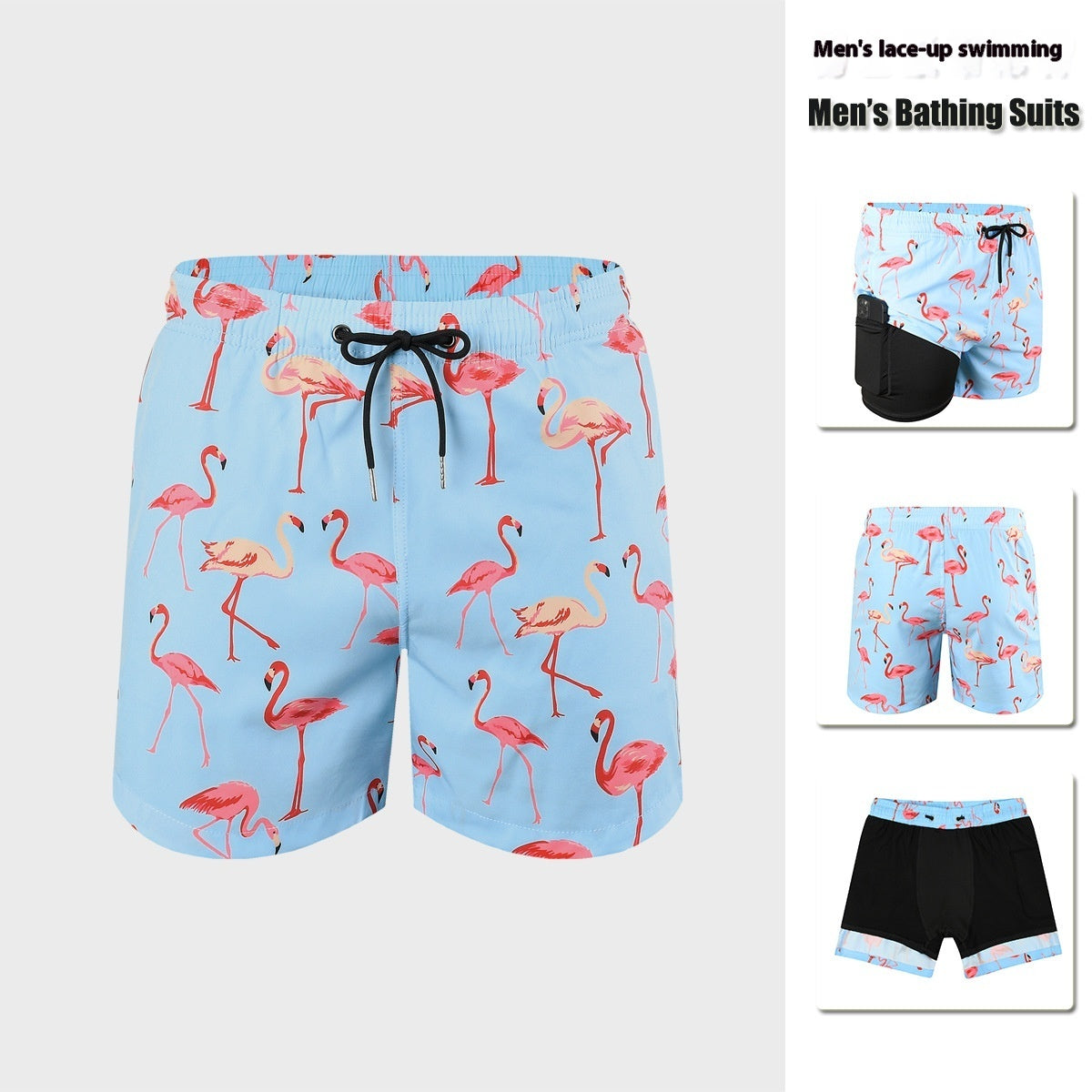 Men’s Double-Layer Anti-Embarrassment Swim Trunks with Side Pocket