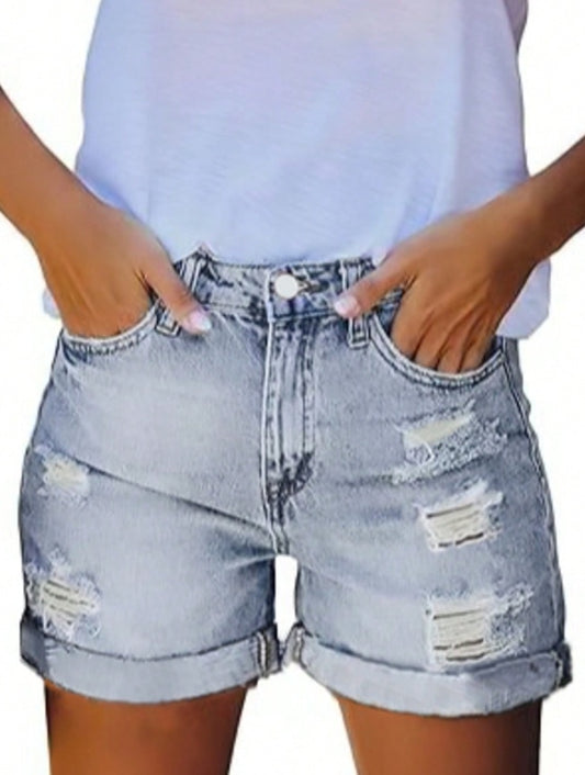 Women’s & Teens Mid-High Rise Distressed Denim Shorts — Stretch Fit, Rolled Hem - The Dock Drop