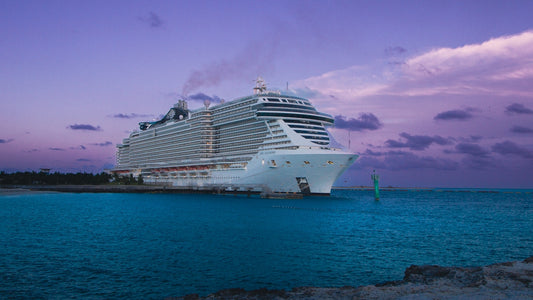 A large cruise ship docked at a dock