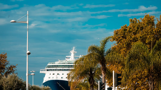 A cruise ship is docked under a cloudy sky.