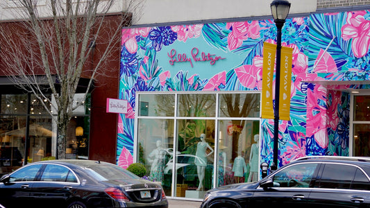 Colorful store facade with tropical floral print