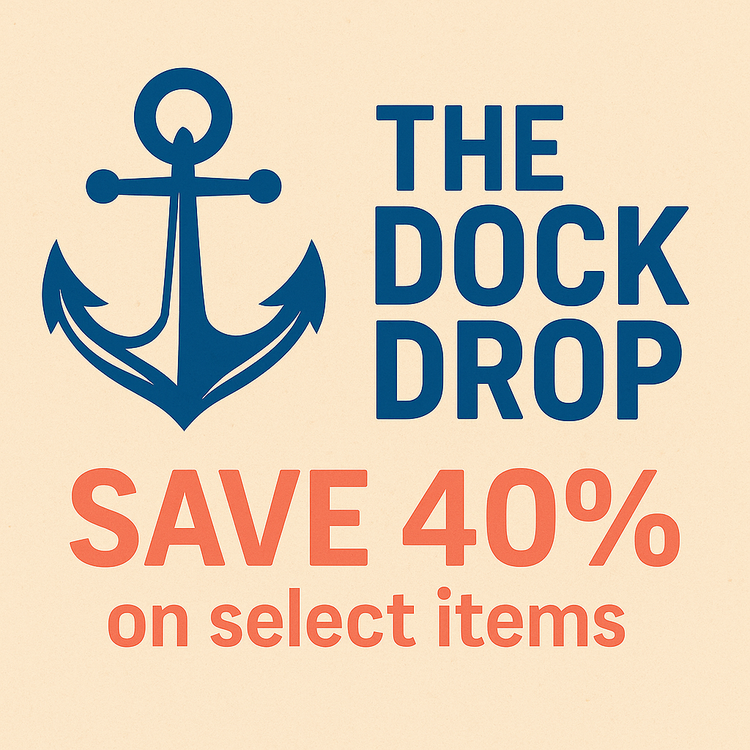 Dock Drops sale banner with navy anchor logo and text ‘Save 40% on select items’ — limited-time cruise fashion deals.