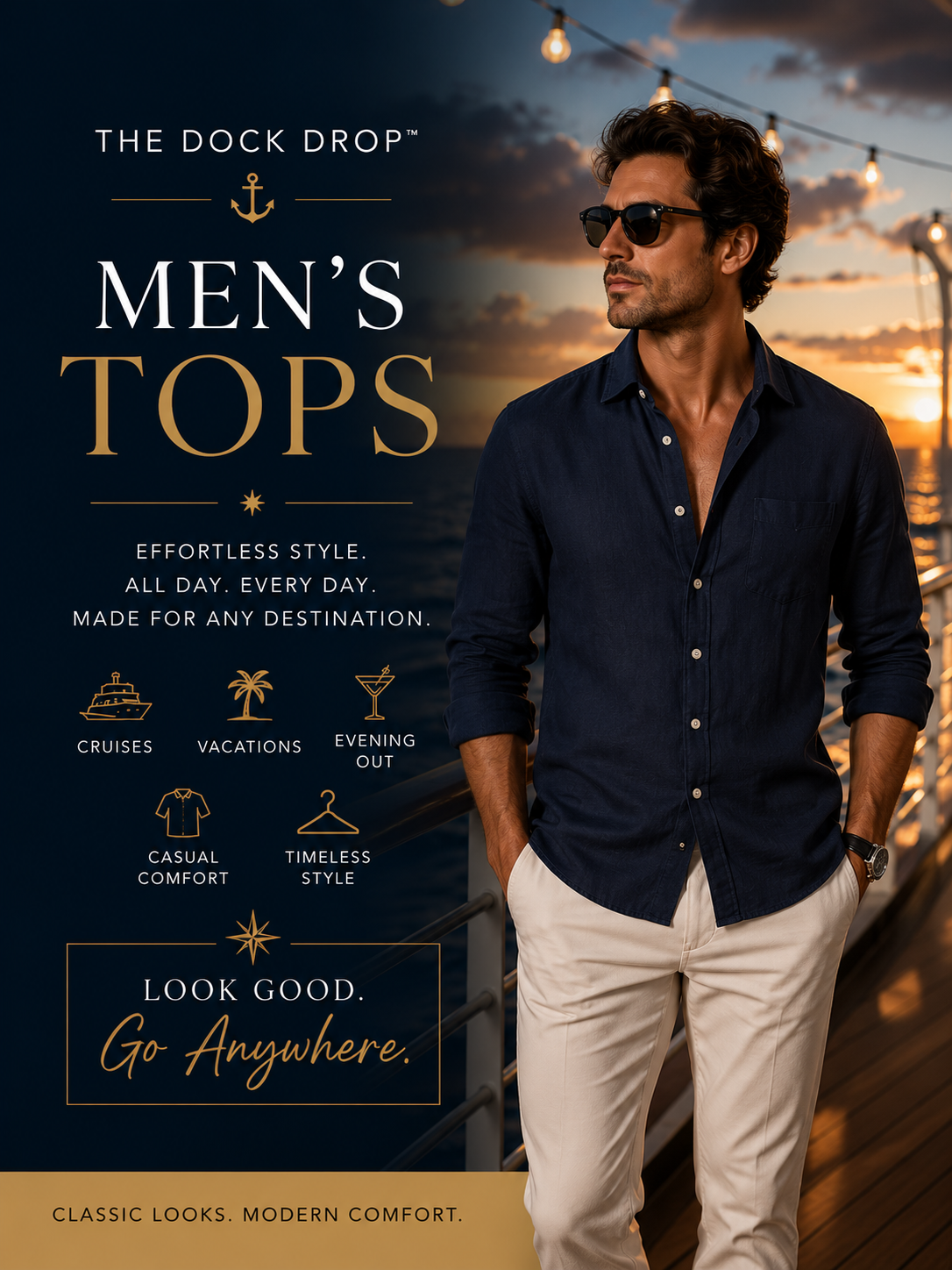 Man in a casual open black shirt with layered necklaces, styled with a relaxed vacation vibe—men’s tops for cruise and resort wear.
