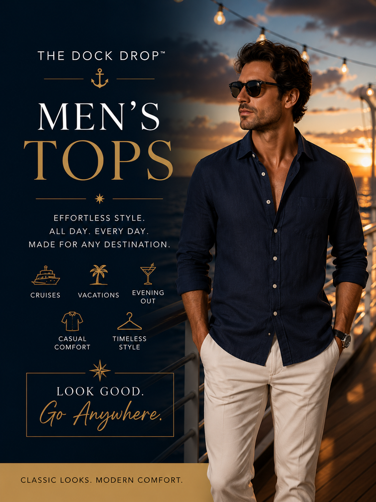 Man in a casual open black shirt with layered necklaces, styled with a relaxed vacation vibe—men’s tops for cruise and resort wear.