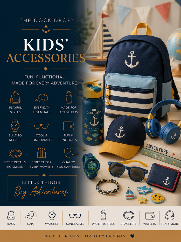 Flat lay of kids’ fashion accessories including sun visor cap and round sunglasses, styled for playful cruise travel.