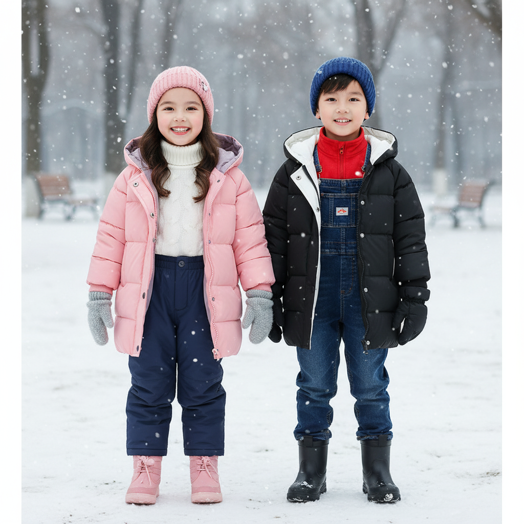 a little girl wearing a pink coat and a little boy wearing a black coat.