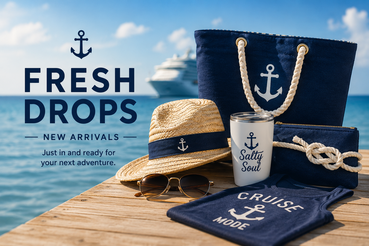 Fresh Drops collection banner featuring cruise-inspired summer fashion accessories, nautical tote bag, straw hat, sunglasses, and coastal travel essentials from The Dock Drop