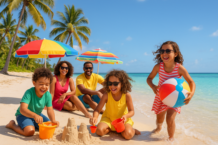 Kids’ beachwear and travel outfits – children playing on a tropical beach in colorful vacation clothing with umbrellas and sand toys.
