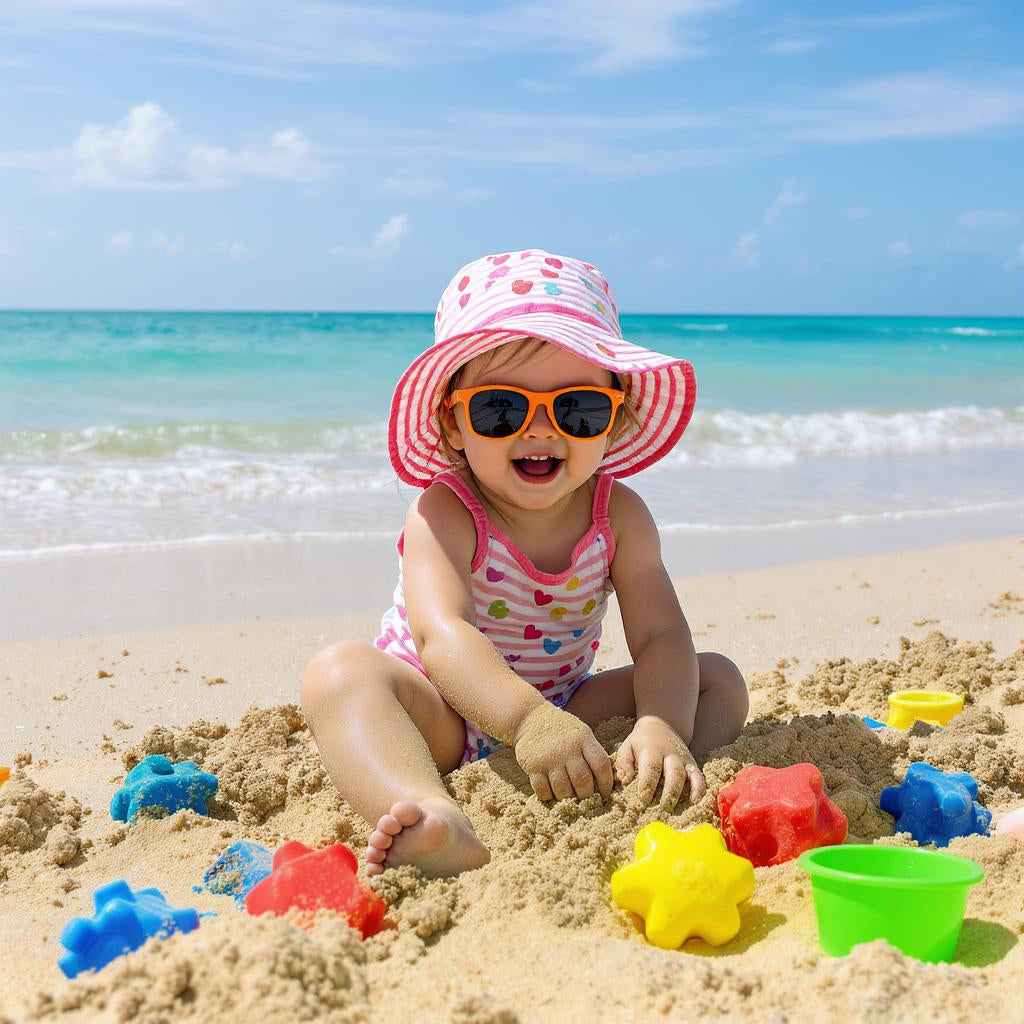 Smiling toddler in pink sun hat and sunglasses playing with colorful beach toys on sandy shore under blue sky.