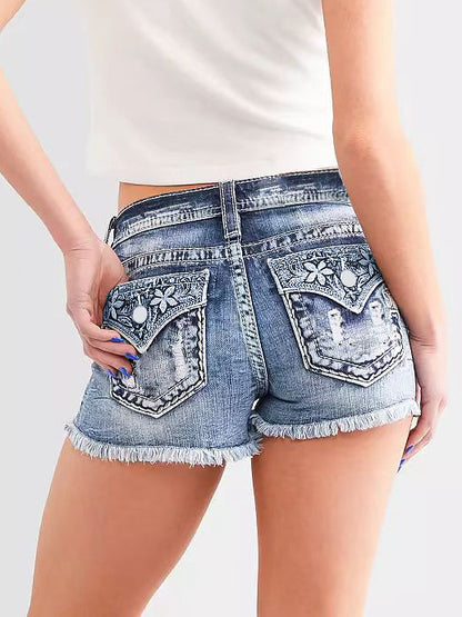 omen’s & Teens Distressed Denim Shorts — Mid-Rise, Button Fly, Frayed Hem - The Dock Drop