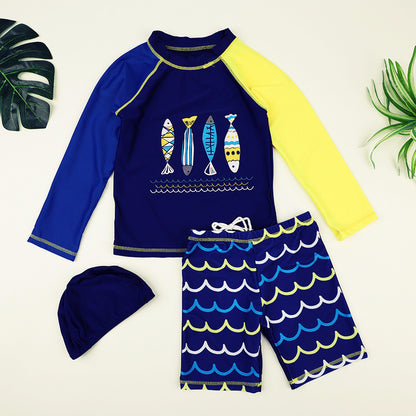 Boys’ 3-Piece Dinosaur Swim Set – Rash Guard, Trunks & Swim Cap