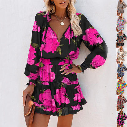Floral Puff-Sleeve Ruffle Dress – Elastic Waist, V-Neck, Flowy Hem - The Dock Drop