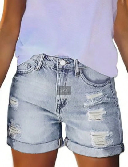 Women’s & Teens Mid-High Rise Distressed Denim Shorts — Stretch Fit, Rolled Hem - The Dock Drop