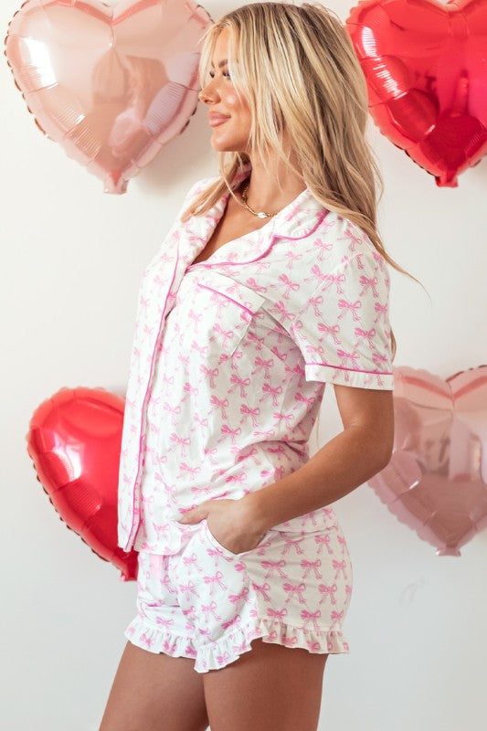 Pink Short Sleeve and Ruffled Shorts Pajama Set
