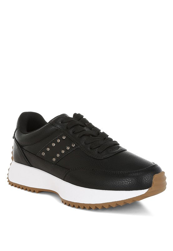 Athion Studded Real Leather Sneakers – Black – US-10 / UK-8 / EU-41