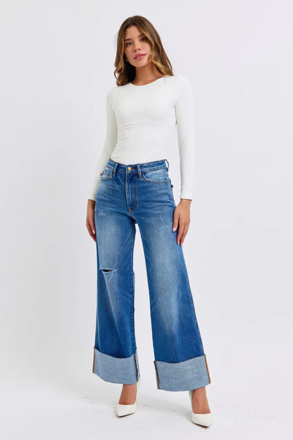 Judy Blue Full Size Distressed High Waist Wide Leg Jeans – Medium – 7(28)