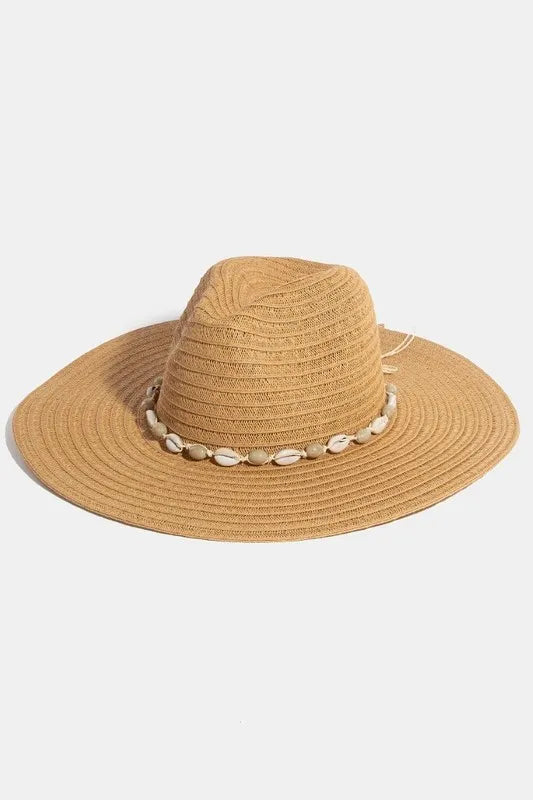 Fame Shell Beaded Wide Brim Straw Hat – Khaki – One Size