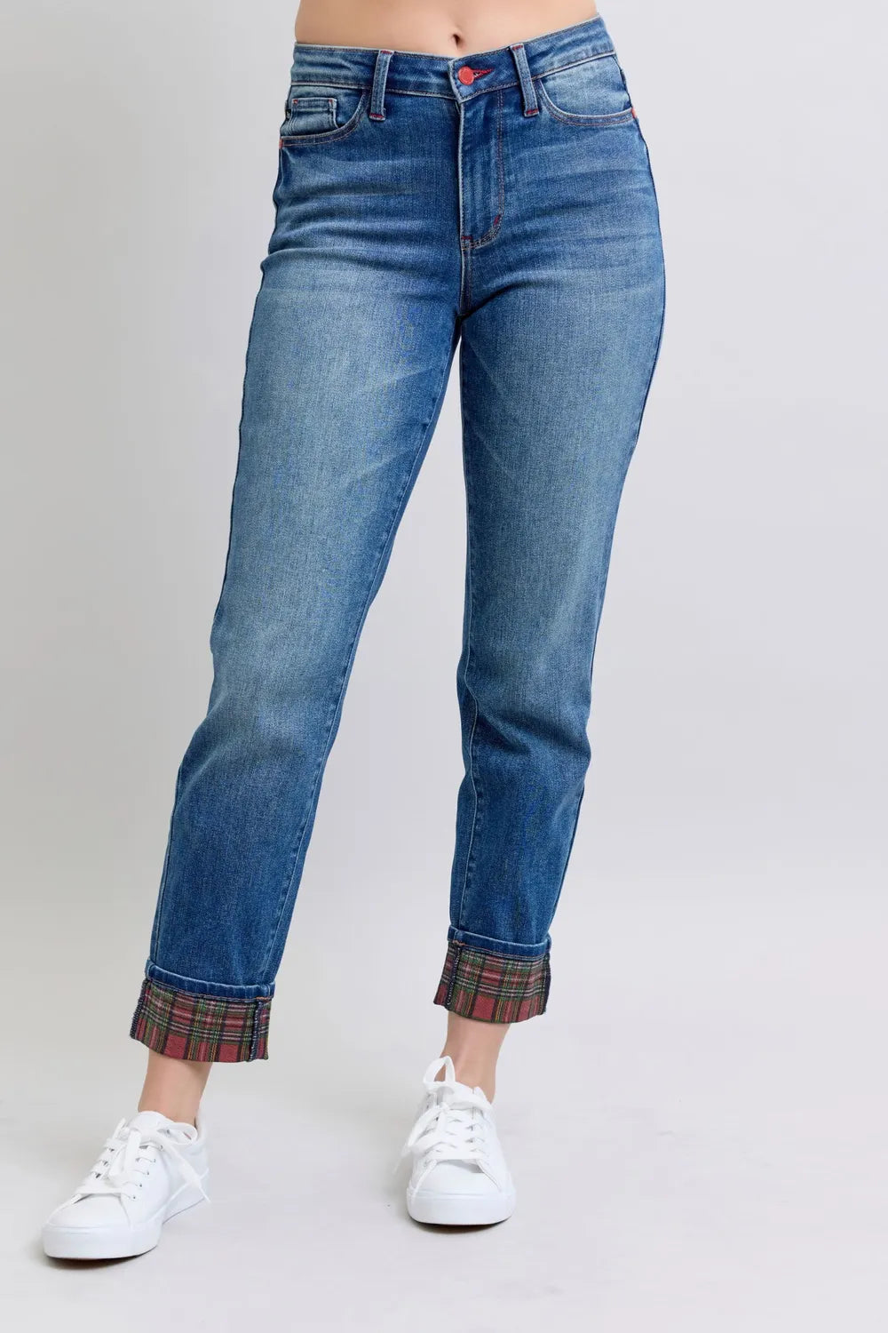 Judy Blue Full Size Plaid Print Cuff Straight Leg Jeans with Pockets – Medium – 0(24)